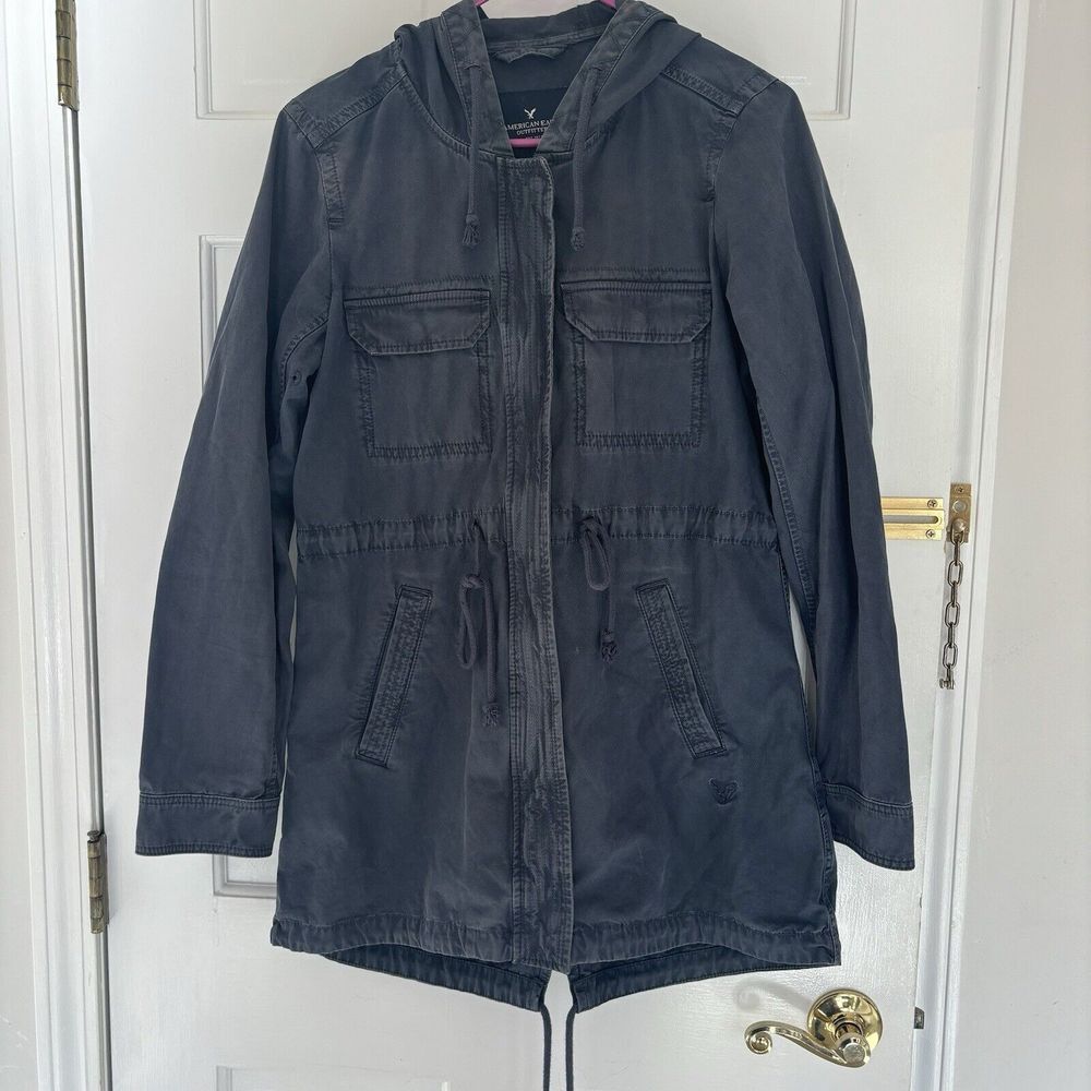 American Eagle Womens Size Small Navy Blue Canvas Cargo Utility Hooded Jacket